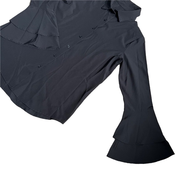 BLACK BUTTON DOWN COLLARED BLOUSE WITH TIERED BELL SLEEVES SIZE SMALL - Picture 3 of 7